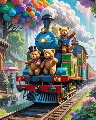 teddy bears on train paint by numbers