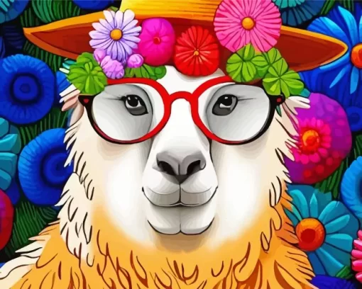 Alpaca With Flowers And Glasses Paint by Number