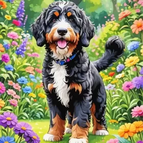 Bernedoodle And Flowers Paint by Number