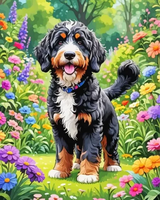 Bernedoodle And Flowers Paint by Number