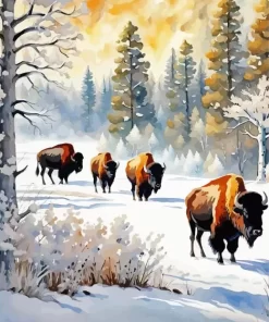 Bisons In Snow Paint by Number