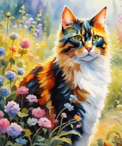 Calico Cat And Flowers Paint by Number