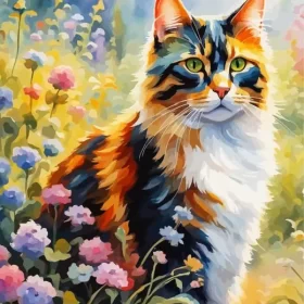 Calico Cat And Flowers Paint by Number