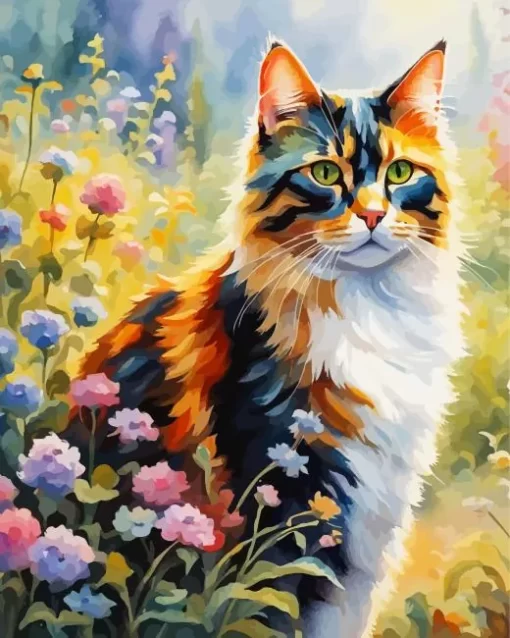 Calico Cat And Flowers Paint by Number