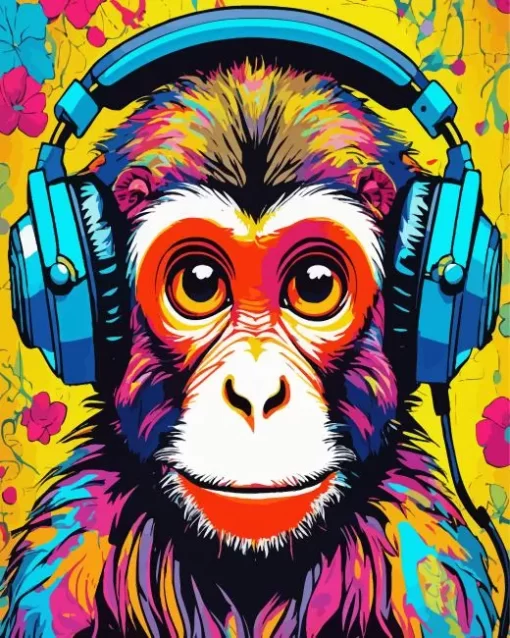 Colorful Monkey Wearing Headphones Paint by Number