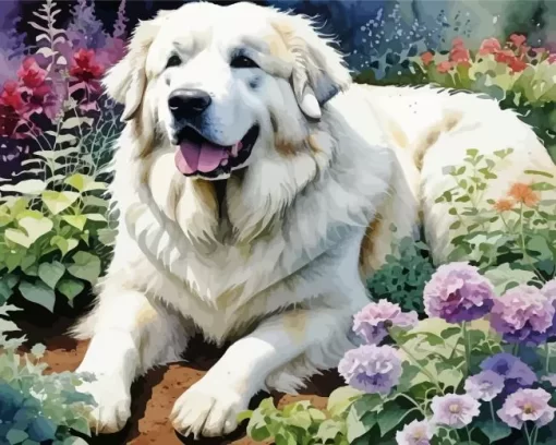 Great Pyrenees And Flowers Paint by Number