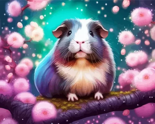 Guinea Pig And Pink Flowers Paint by Number