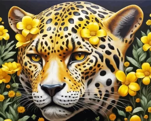 Jaguar And Yellow Flowers Paint by Number