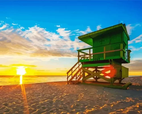 Miami South Beach sunrise with lifeguard tower paint by number