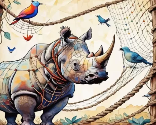 Rhino And Birds Paint by Number