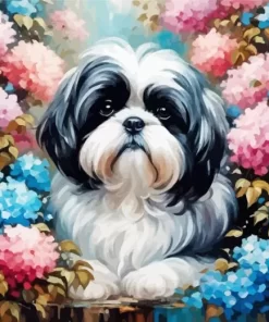 Shih Tzu And Flowers Paint by Number