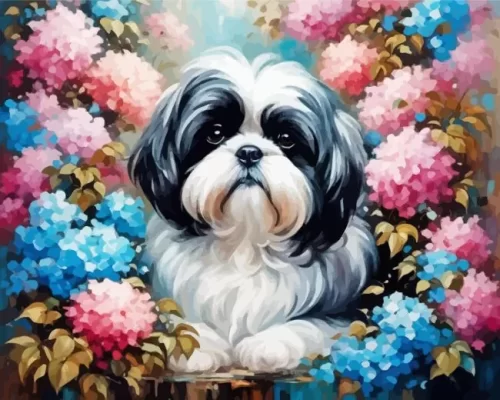 Shih Tzu And Flowers Paint by Number