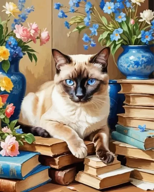 Siamese Cat On Books Paint by Number