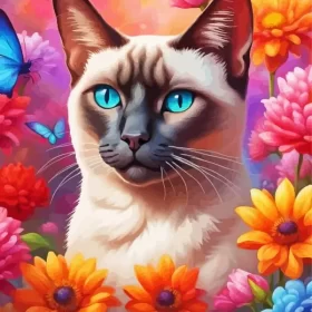 Siamese Cat With Flowers Paint by Number