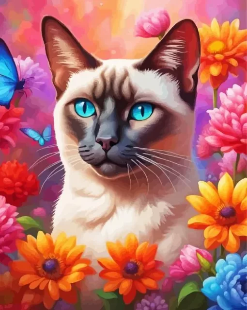 Siamese Cat With Flowers Paint by Number