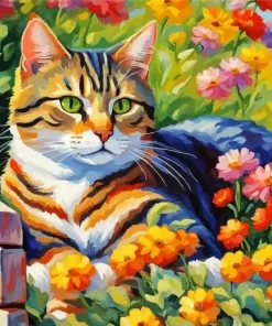 Tabby Cat And Flowers Paint by Number