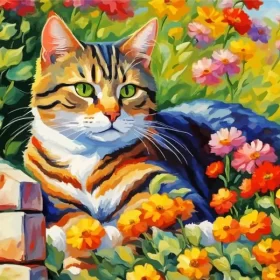 Tabby Cat And Flowers Paint by Number