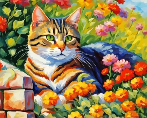 Tabby Cat And Flowers Paint by Number