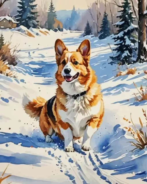 Welsh Corgi Dog In Snow Paint by Number