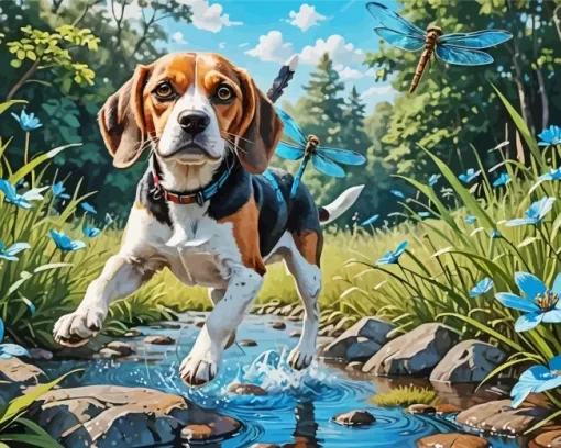 Beagle Dog And Dragonflies Paint by Number