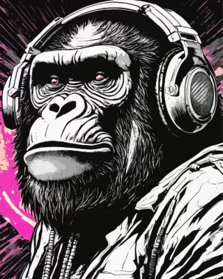 Black And White Monkey With Headphones Paint by Numbers