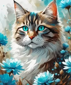 Blue Flowers And Tabby Cat Paint by Number