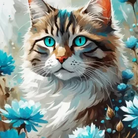 Blue Flowers And Tabby Cat Paint by Number