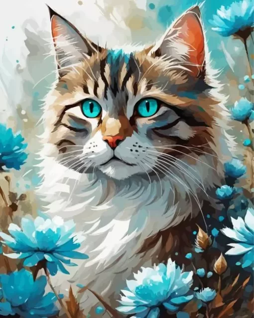 Blue Flowers And Tabby Cat Paint by Number