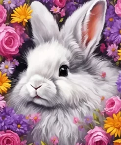 Flowers And Angora Rabbit Paint by Number