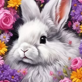 Flowers And Angora Rabbit Paint by Number