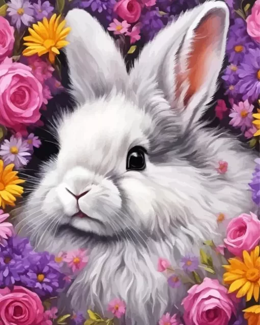 Flowers And Angora Rabbit Paint by Number