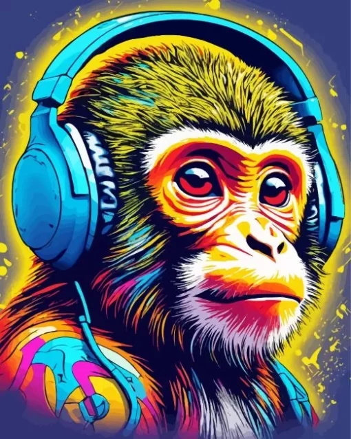 Splatter Monkey Wearing Headphones Paint by Number