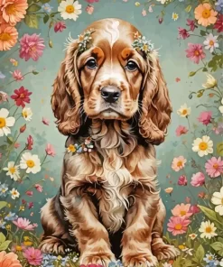 English Cocker Spaniel And Flowers Paint by Number