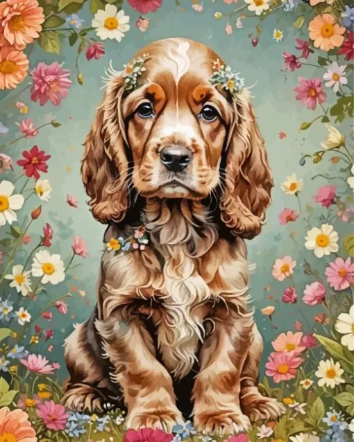 English Cocker Spaniel And Flowers Paint by Number