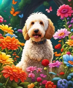 Labradoodle And Colorful Flowers Paint by Number