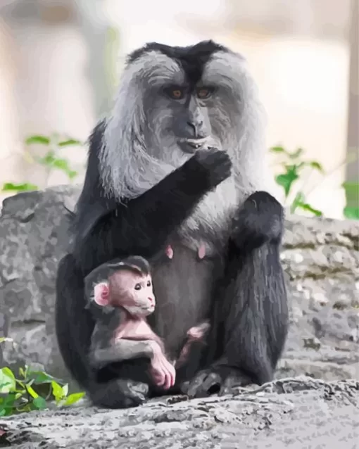 Lion Tailed Macaque and Baby Paint by Number