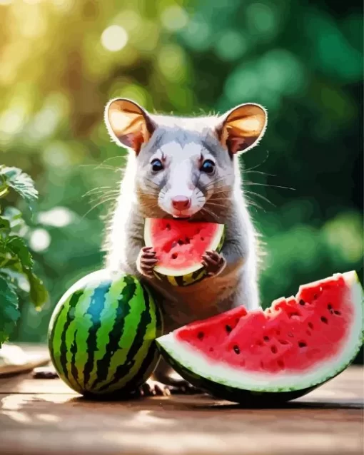 Opossum Eating Watermelon Paint by Number