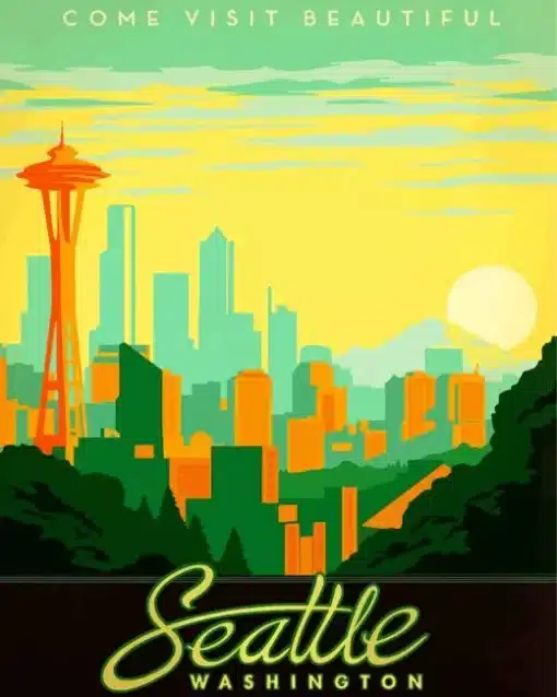 Seattle Washington Travel Poster Paint by Number