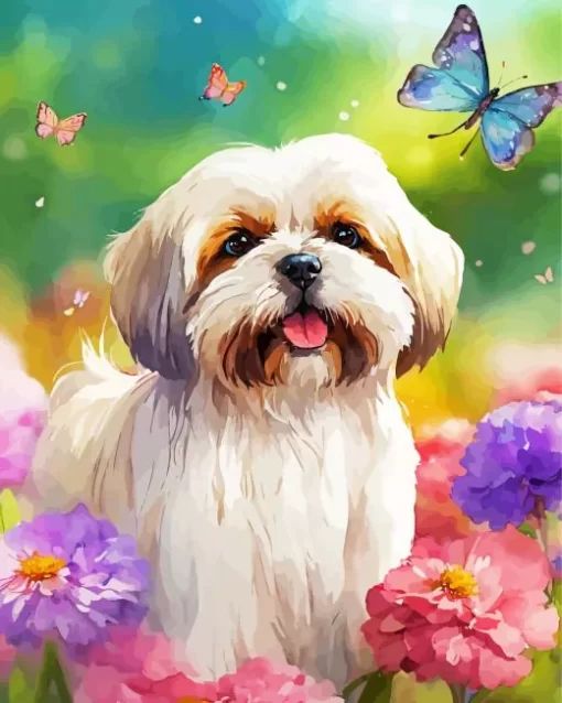 Tibetan Terrier With Butterfly Paint by Number