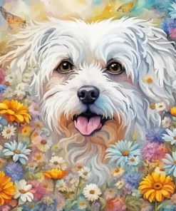 Maltese And Colorful Flowers Paint by Number