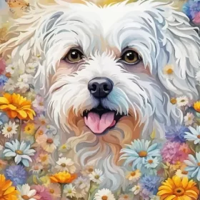 Maltese And Colorful Flowers Paint by Number