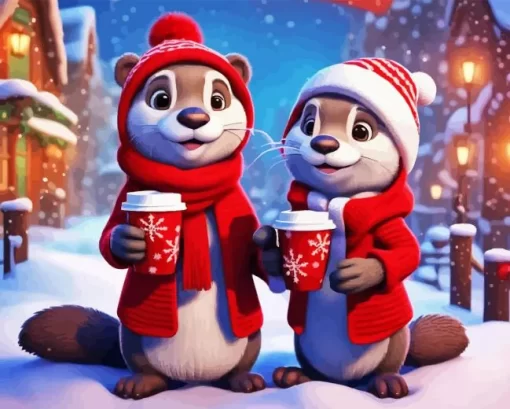 Otter Christmas Couple Paint by Number