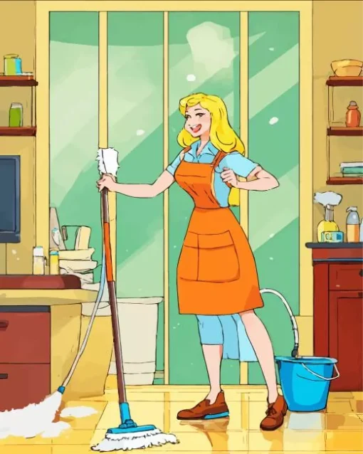 Cartoon Lady Cleaning Paint by Numbers