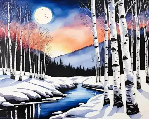 Full Moon Briches Winter Paint by Number