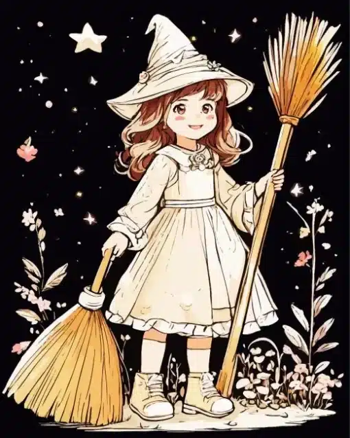 Girl With Magical Brooms Paint by Numbers