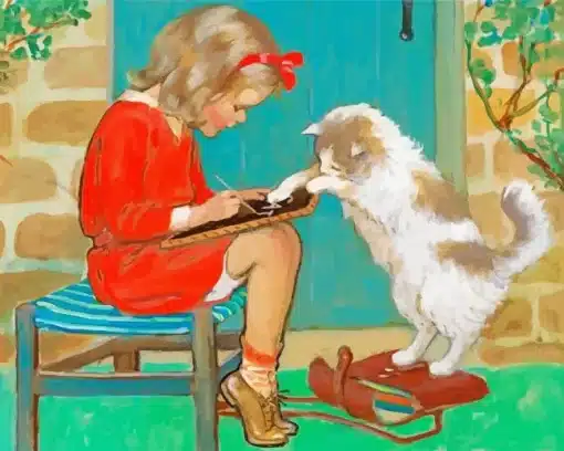 Good Housekeeping Girl And Cat Paint by Numbers