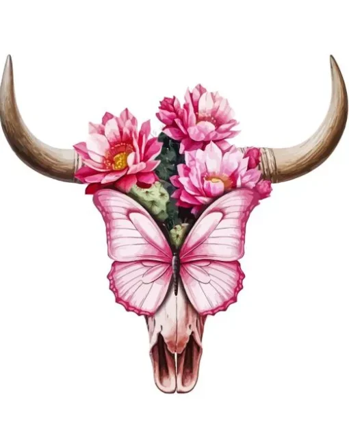 Pink Floral Cow Skull Paint by Numbers