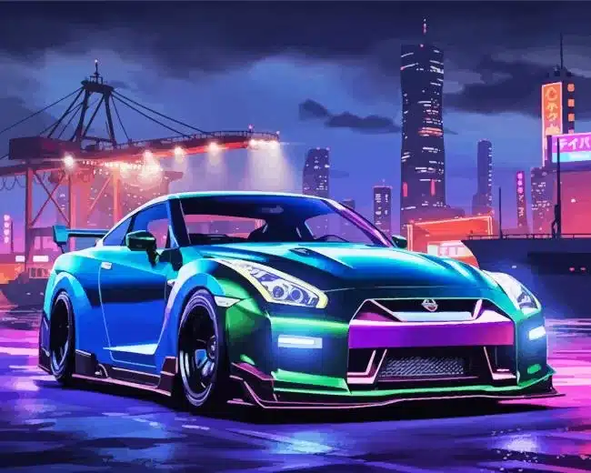 Nissan in a cyberpunk harbour paint by numbers Nissan In A Cyberpunk Harbour Paint by Numbers
