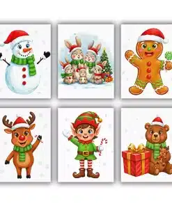 Celebrate the holiday spirit with our Christmas Characters Mini Paint by Numbers Set. This festive collection features six cheerful designs, including a snowman, Santa, a gingerbread man, a reindeer, and other joyful holiday characters. Each mini canvas is easy and fun to paint, making it perfect for relaxing creative time during the season. When displayed together, they create a bright and playful Christmas decoration for your home