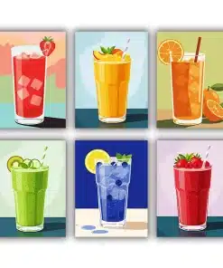 Add a splash of color and fun to your space with our Fresh Drinks Mini Paint by Numbers Set. This lively collection features six refreshing drink illustrations, including fruity juices, smoothies, and citrus beverages. With bright colors and playful designs, each mini canvas is easy and relaxing to paint. When displayed together, they create a cheerful and modern wall decoration perfect for a kitchen, dining area, or creative space